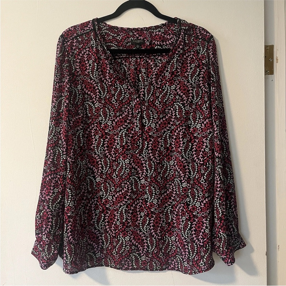 Talbots Top Women’s Size XL Petite Bracelet‎ Sleeve Pink Floral Print Blouse